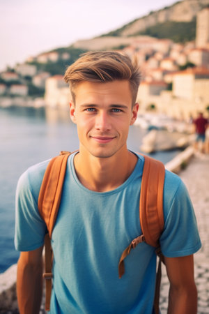 Generative AI : Handsome man taking selfie pic with smart mobile phone outside at golden hour time  Traveler guy with backpack enjoying day out on summer vacation  Happy tourist haの素材