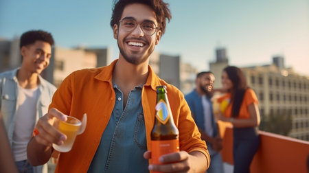 Generative AI : Group of multicultural friends drinking and toasting beer at brewery bar restaurant  Happy people having fun at rooftop home party  Vivid color filterの素材