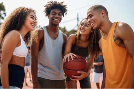 Generative AI : Group of friends playing basketball  Group of sportive multiracial people playing togheter during the summertime   Concept about people lifestyle and sportの素材