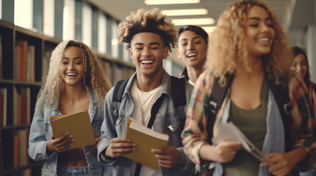 Generative AI : Multiracial students going back to school  Happy teenagers having fun in university college campus  Scholarship conceptの素材