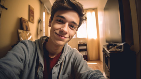 Generative AI : Happy young man takes selfie portrait at home indoor Guy smiling looking at the cameraの素材