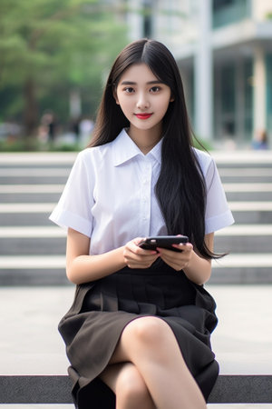 Generative AI : Millennial girl mask sitting in the city using mobile smart phone with black screen  Female student holding phone outside school  Young people and technology concepの素材