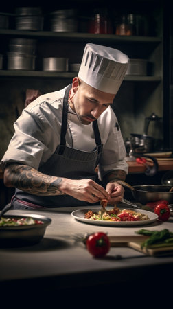 Generative AI : Male chef preparing a salad in the kitchen of a restaurant Food conceptの素材