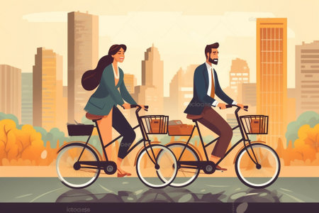 Generative AI : couple of young people are riding on the bike in the city center  lifestyle conceptの素材