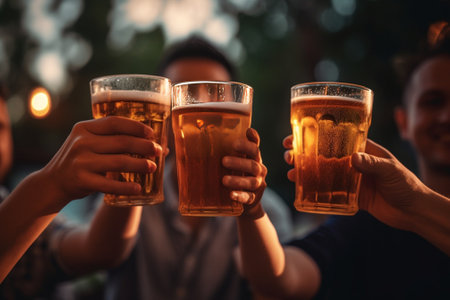 Generative AI : Group of friends cheering beer glasses in brewery pub garden  Young people having fun in backyard home party  Dining lifestyle and youth culture conceptの素材