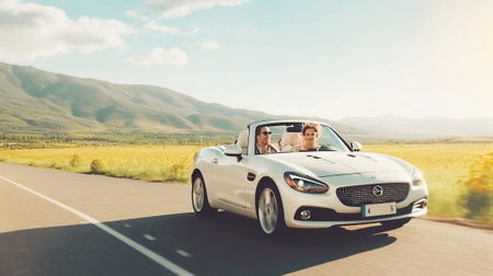 Generative AI : Happy beautiful couple in love taking a selfie portrait driving a convertible car on the road at vacation Rental cars holidays and peopleの素材
