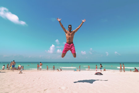 Generative AI : Happy man jumping at the beachConcept about holiday success people and lifesytleの素材
