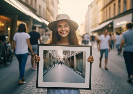 Generative AI : Pretty caucasian woman taking a selfie walking in the city at vacationの素材