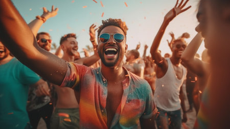 Generative AI : Multiracial friends cheering cocktails at beach party  Young people laughing together having fun on summer vacation  Friendship concept with guys and girls smilingの素材