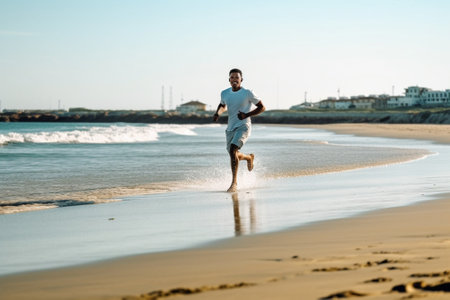 Generative AI : Athlete running man  male runner in istening to music on smartphone Sporty fit young black man jogging at the beachの素材