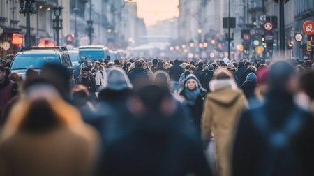 Generative AI : Anonymous crowd of people walking on busy city street  City life conceptの素材