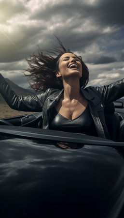 Generative AI : Joyful young woman sitting on convertible car smiling at camera  Happy couple driving on the road with cabriolet car  People on roadtrip enjoying freedom  Transportの素材