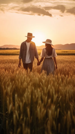 Generative AI : Pov view of a happy young woman holding hand of her boyfriend while walking by a wheat field at sunset Couple enjoying travel in the natureの素材