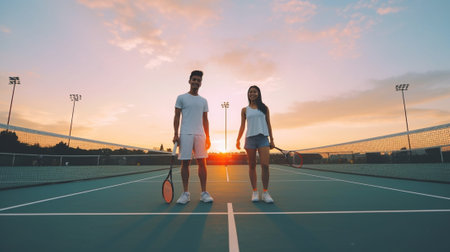 Generative AI : Caucasian couple playing tennis togheter in the courtの素材