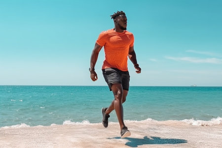 Generative AI : Black athlete running man  male runner at the beach listening to music on smartphone Jogger training with smart phone armbandの素材
