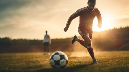 Generative AI : Football player is training at the field on a sunset background Sporty man is dribbling with the ballの素材