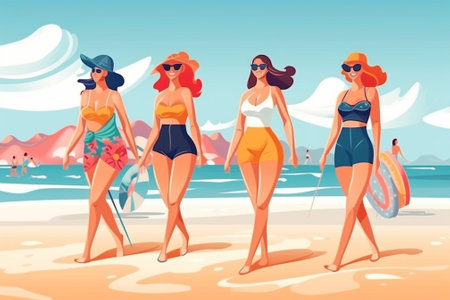 Generative AI : Happy three women having fun walking on the beach Young people at holiday vacation at summer enjoy freedomの素材