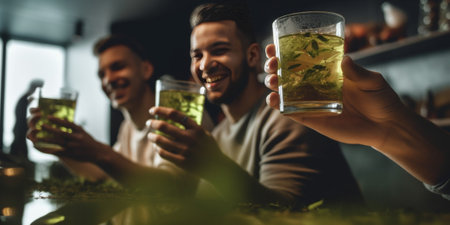 Generative AI : Multiracial best friends having fun drinking tea in a bar Concept about friendship drink people and lifestyleの素材