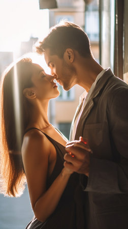 Generative AI : Side view of romantic young couple gently kissing outdoor in the city at vacation People in love spending time togetherの素材