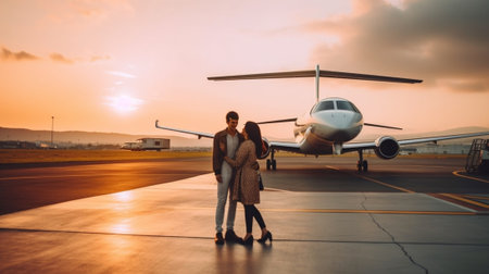 Generative AI : Romantic couple in love having fun together playing outdoor the airplane piggybacking at summertimeの素材