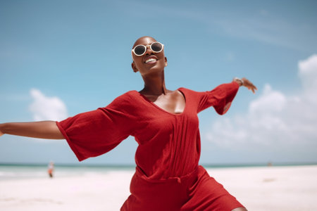 Generative AI : Beautiful black woman taking selfie at the beach  African female having fun on a sunny day at summer vacationの素材