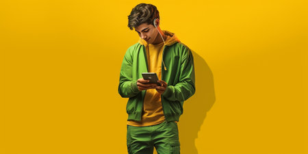 Generative AI : Isolated young man using mobile smart phone on a yellow background  Millennial holding cellphone  People and technology conceptの素材