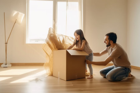 Generative AI : Happy family moving in new home Couple of lovers relocating and unboxing cardboard in the new apartmentの素材