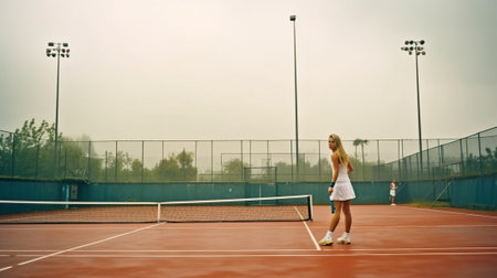 Generative AI : Caucasian young woman is playing tennis in a competition outdoorの素材
