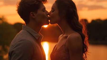 Generative AI : Romantic couple in love kissing at sunset  Boyfriend and girlfriend having a romance kiss outdoor  Warm filterの素材