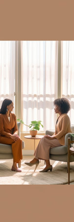 Generative AI : Job interview between two young businesswomen  Their are shaking their hands sitting on the sofa  Multiracial peopleの素材