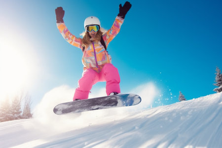 Generative AI : Woman on snowboard riding the slope on the mountain full of snowの素材