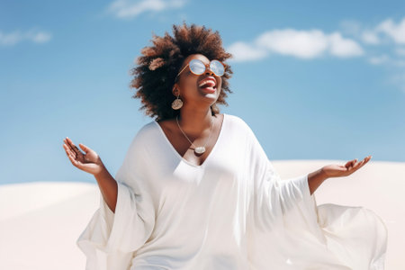 Generative AI : Pretty african woman having fun at the beach  Happy female enjoying vacation by the seaside  Body care wellness travel and mental health conceptの素材