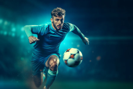 Generative AI : Soccer player playing football on stadium  Concept of sport competition motion overcomingの素材