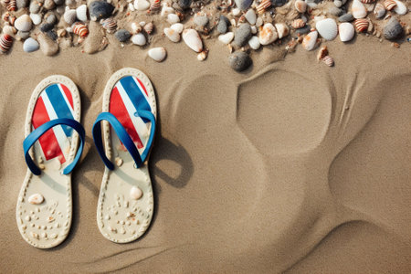 Generative AI : Slippers on the sand of the sea Concept about vacation and summertimeの素材