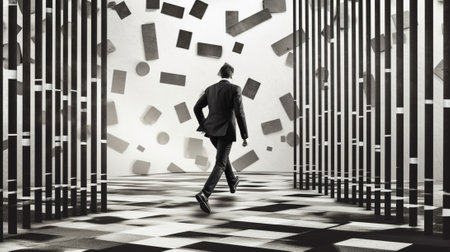 Generative AI : Black delayed businessman is running coming out from the revolving doorの素材