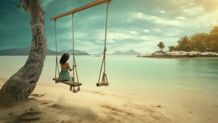 Generative AI : Carefree woman on the swing on a inspiring landscape Dream conceptの素材