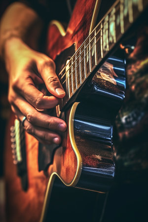 Generative AI : Close up of guitarist hand playing acoustic guitarの素材