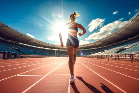 Generative AI : Athlete running on athletic racetrack  Runner training at the stadium  Fitness lifestyle sport and healthy conceptの素材