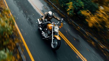 Generative AI : Biker driving his motorcycle on the road  Man is traveling with his bike view from aboveの素材