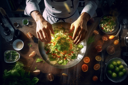 Generative AI : Chef cooking vegetables in the kitchen of a restaurant View from above Concept about food people and lifestyleの素材
