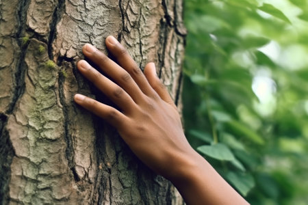 Generative AI : Closeup woman hands hugging tree trunkの素材