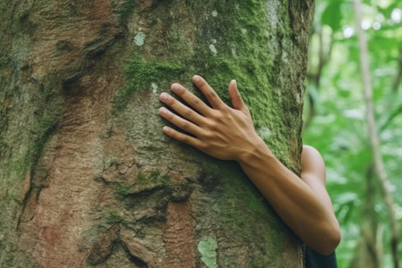 Generative AI : Closeup woman hands hugging tree trunkの素材