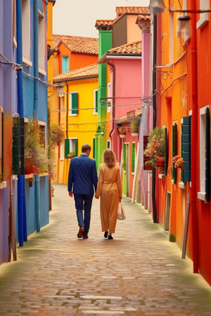 Generative AI : Couple of happy tourists visiting Burano Italy  Boyfriend and girlfriend in love spending a romantic weekend in Venice Italyの素材