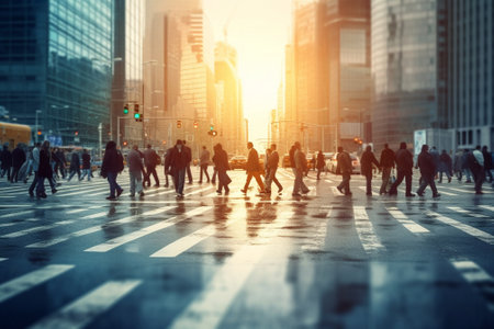 Generative AI : Anonymous crowd of people walking on busy city street  City life conceptの素材