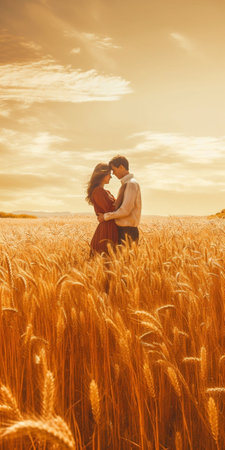 Generative AI : Beatiful couple of lovers are kissing outdoor at sunset on a wheat field  Concept about love people and lifestyleの素材