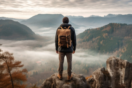 Generative AI : Casual man with backpack on the top of the mountain looking at the valleyの素材