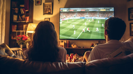 Generative AI : Bored girl watching the football game with her boyfriendの素材