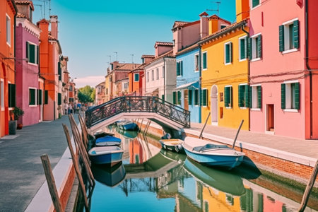 Generative AI : Couple of happy tourists visiting Burano Italy  Boyfriend and girlfriend in love spending a romantic weekend in Venice Italyの素材