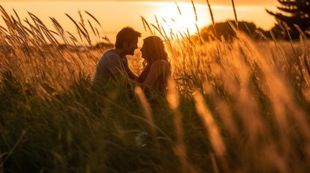 Generative AI : Couple in love watching sunset outdoor in a wheat field at summer Blurred background focus on the grassの素材