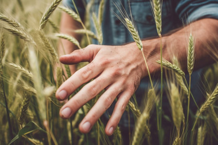 Generative AI : Closeup of a hand touching wheat in a field  caucasian people  nature agricolture and lifestyle conceptの素材